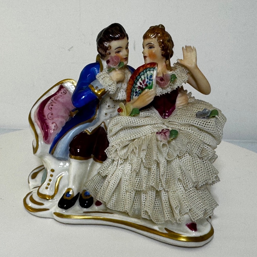 Stunning Vintage Dresden Germany Porcelain Dipped Lace Figurine Courting Couple